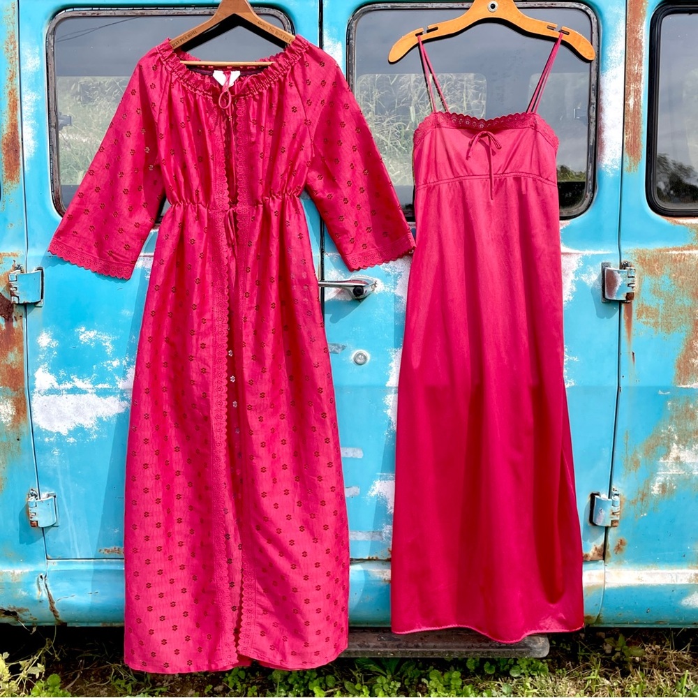60s 70s vintage Capri Collection Red Bohemian Maxi Dress and Slip Dress Set